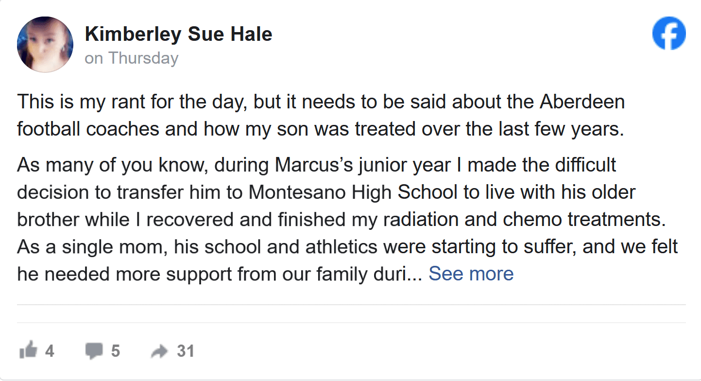 Aberdeen Football Coach Reacts After Player Moves To Montesano During His Mom’s Cancer Fight
