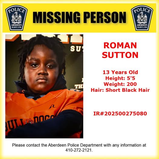 Search Underway for 13-Year-Old Football Player Roman Sutton in Maryland