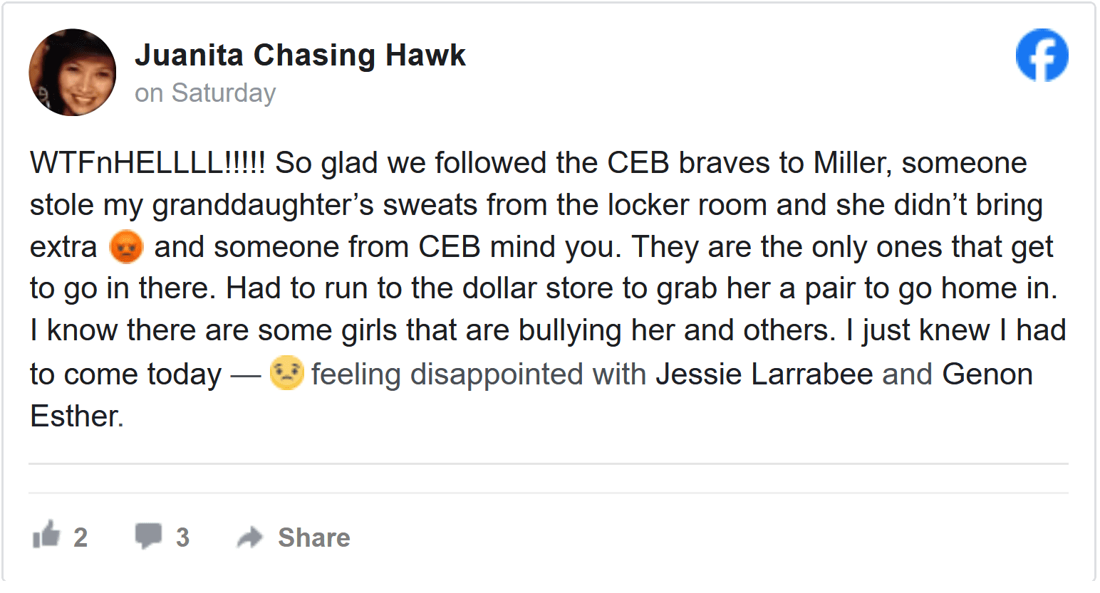 My Granddaughter’s Sweats Stolen from CEB Braves Locker Room During Miller Game in South Dakota